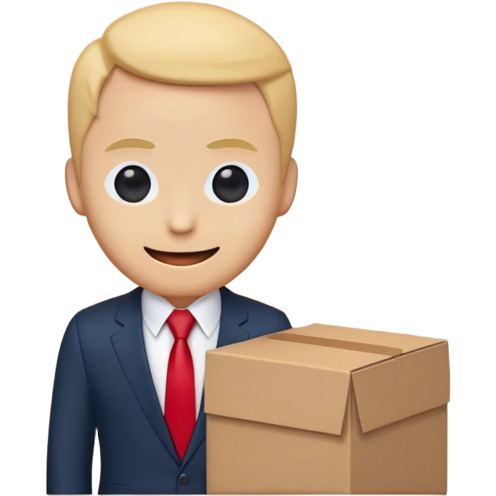 An emoji depicting a professional figure dressed in a sleek dark suit, crisp white shirt, and a red tie. The figure's head is humorously replaced by a cardboard box, featuring a minimalistic, friendly face with two circular eyes and a gentle, smiling mouth drawn in dark blue. The style is clean, flat, and simplified, suitable for clear visibility at small emoji scales. Designed for versatile use with a transparent background for easy integration into messaging platforms." emoji