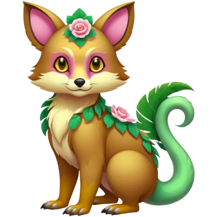 Colorful brown with rose pink, yellow-beige-cream, jade-green tropical exotic shiny beautiful fantasy-Vernid-Cacomistle-animal-Fakémon-hybrid-fursona (full body) emoji