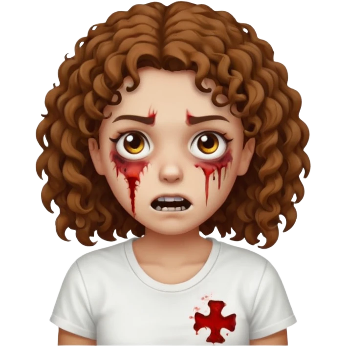 Zombie girl with curly brown hair como emoji de iphone y con la boca un poco lastimada haz que tenga una simple remera blanca puesta emoji