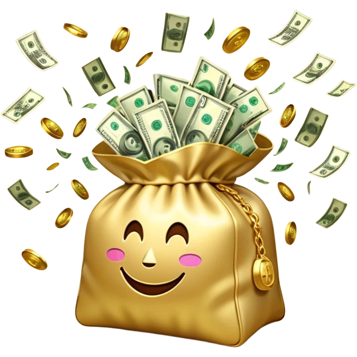

3D emoji style, big bag of money, flying dollar bills, rich casino vibe, smooth lighting, high detail, clean edges, transparent background



 emoji