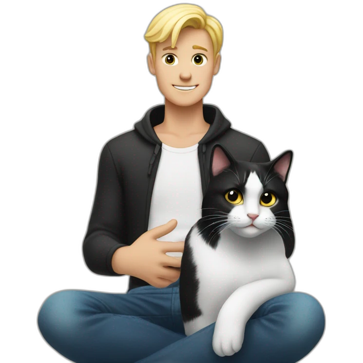 a blond man who makes a heart with his hands and sits next to a black and white cat emoji