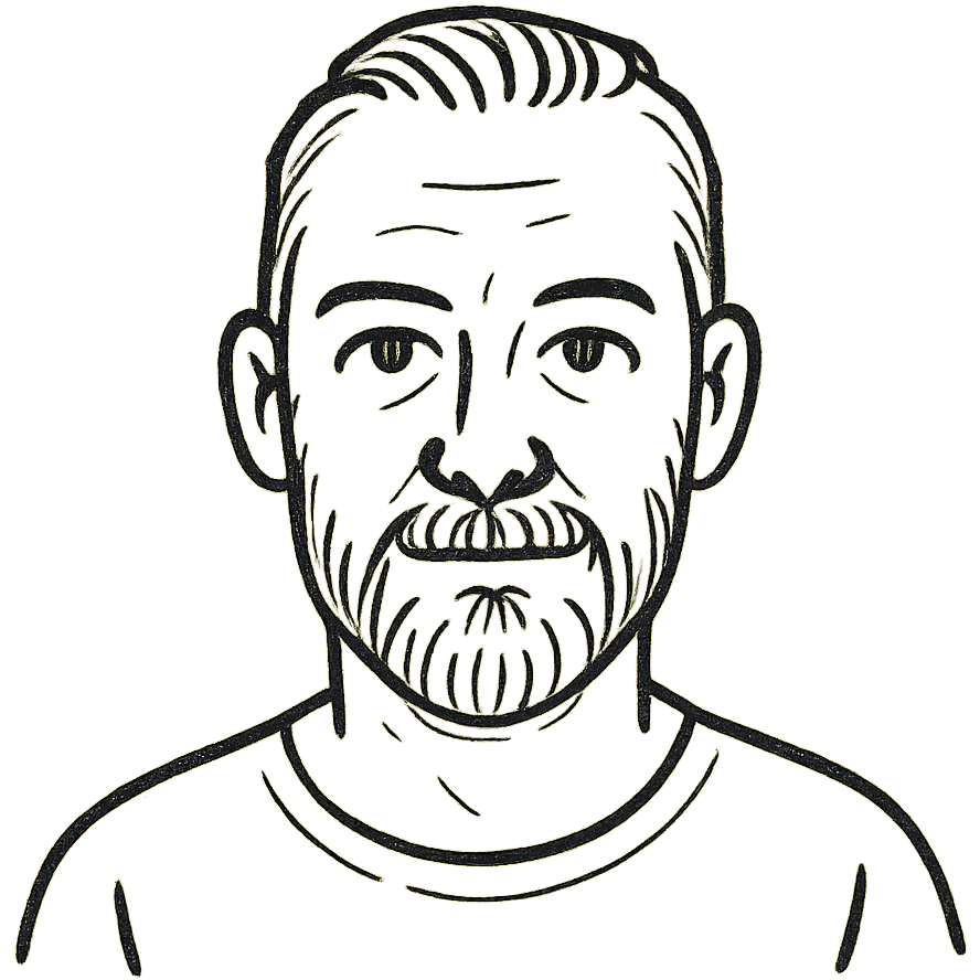 A middle-aged man with a medium slightly gray beard, short hair cut to the scalp on the sides and combed back on top, blue eyes emoji