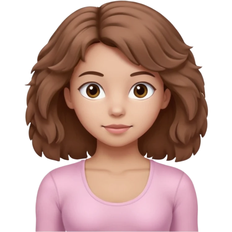 brown hair girl wearing light pink pilates clothes, fluffy medium hair and brown eyes emoji
