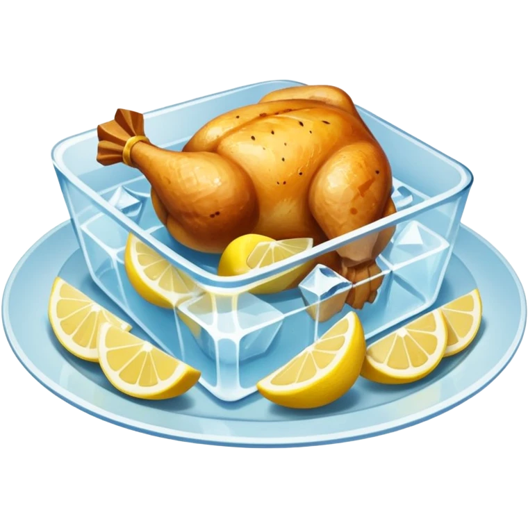 baked chicken with lemon wedges on a large platter, inside a large ice cube emoji