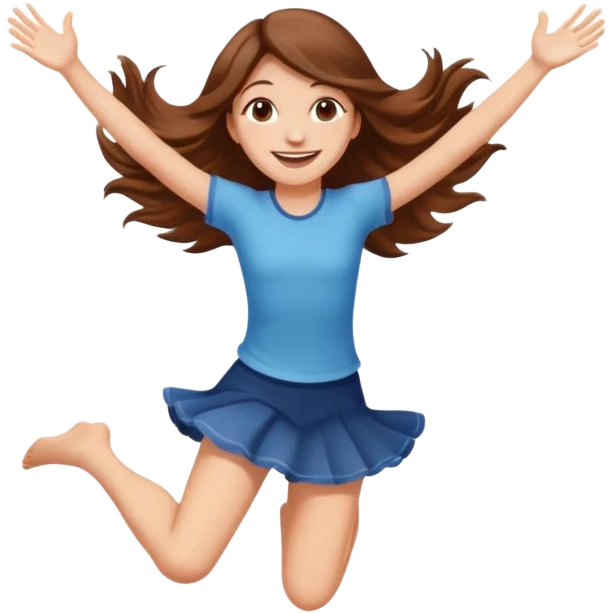 Girl with long brown hair happy jumping in the air with sunbeams in the background  emoji