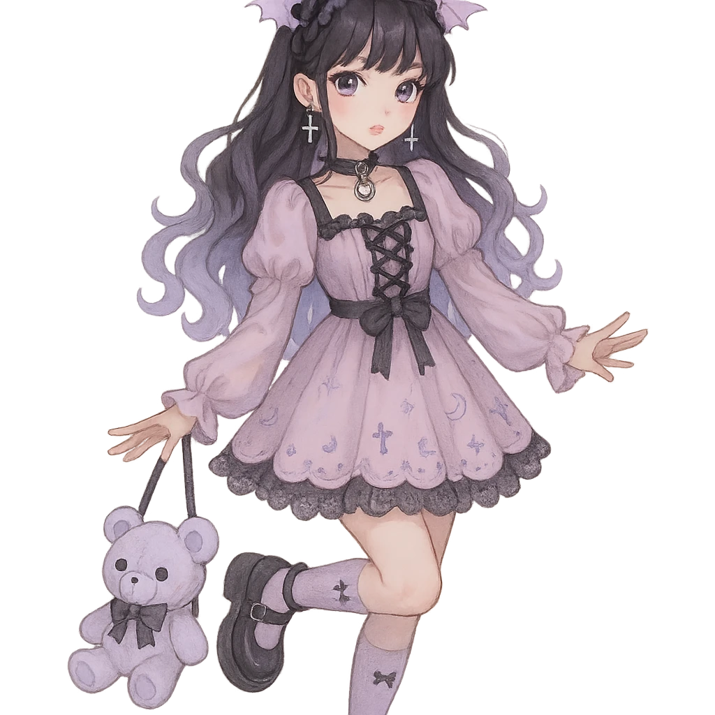 gothic K-pop girl, dreamy pastel goth style, soft colors with gothic details, whimsical pose, cute accessories emoji