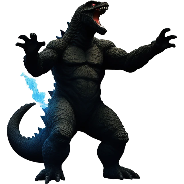 “Silhouette of Godzilla shooting his atomic breath upward, with detailed spikes and a dynamic pose emoji