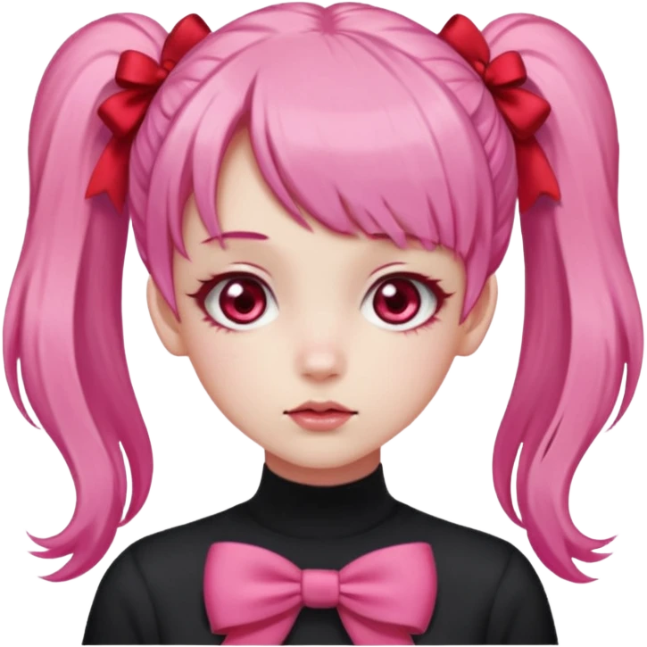 Faz uma garota de pele clara Seus olhos são grandes e rosa-avermelhados, sempre brilhantes e emotivos. O cabelo é rosa claro, preso em dois rabos de cavalo laterais com laços vermelhos, e sua franja é cheia, caindo sobre a testa de forma suave. emoji
