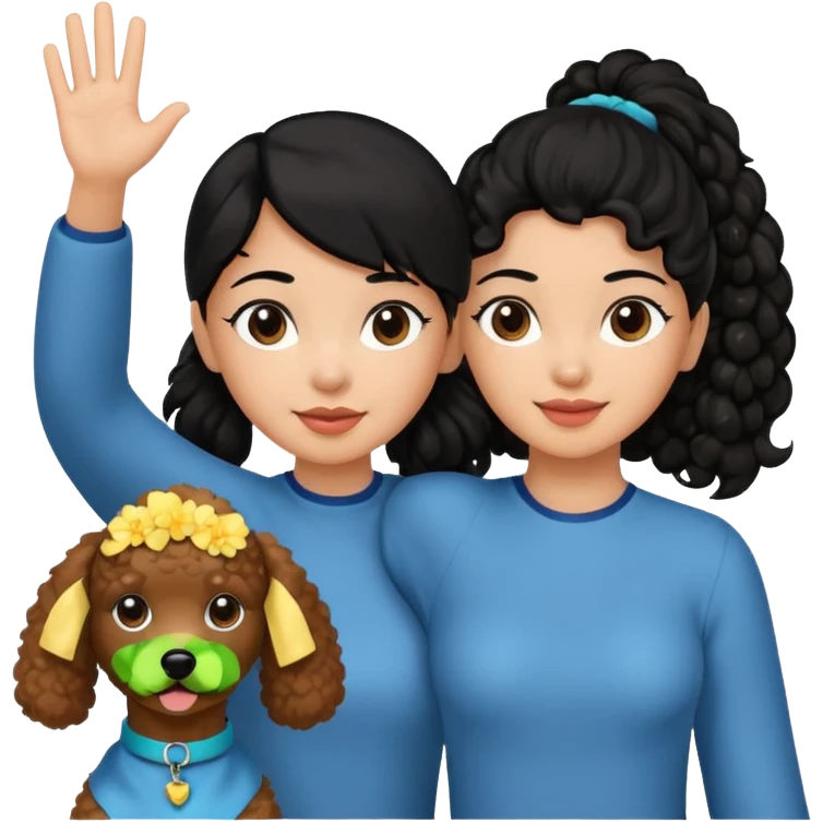 Ponytail black hair girl with brown Poodle say goodbye  emoji