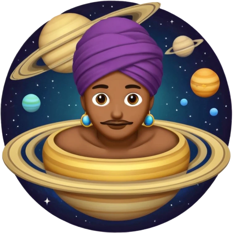 A bold emoji-style illustration with Saturn 🪐 as the dominant element, clearly showing its bright rings. Inside the planet, a stylized man wearing a colorful turban 👳🏾‍♂️, depicted as a mystical or adventurous character, sitting or floating within Saturn, integrated with the planet’s texture. . emoji