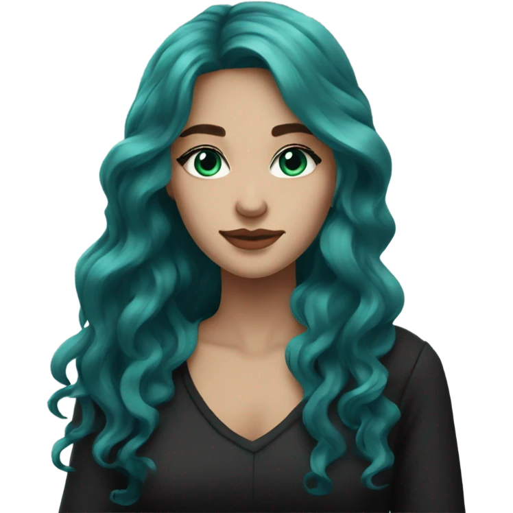 a fair skinned girl with dark turquoise long wavy hair, light turquoise eyes and black clothes emoji