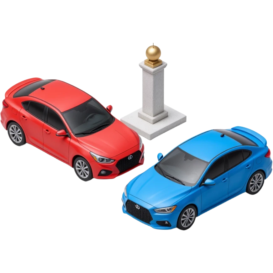 red and blue car being compared with some kind of comparison element/graphic emoji