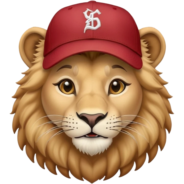 friendly anthropomorphised female lion head and shoulders wearing a baseball cap emoji