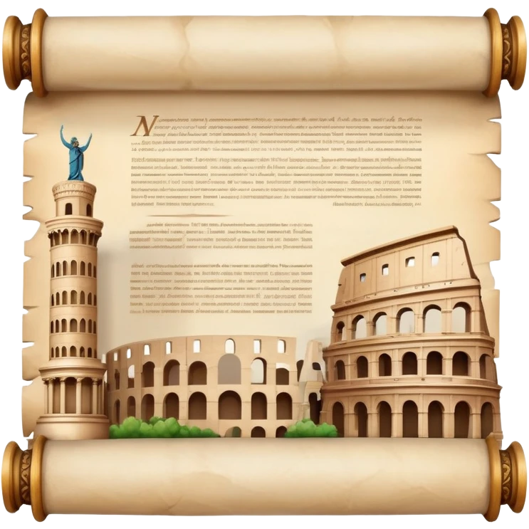 An icon featuring an ancient scroll, surrounded by famous historical landmarks and statues of notable figures, like the Colosseum or Napoleon. The design symbolizes the exploration of history through monuments and people. Transparent background highlights the pas emoji