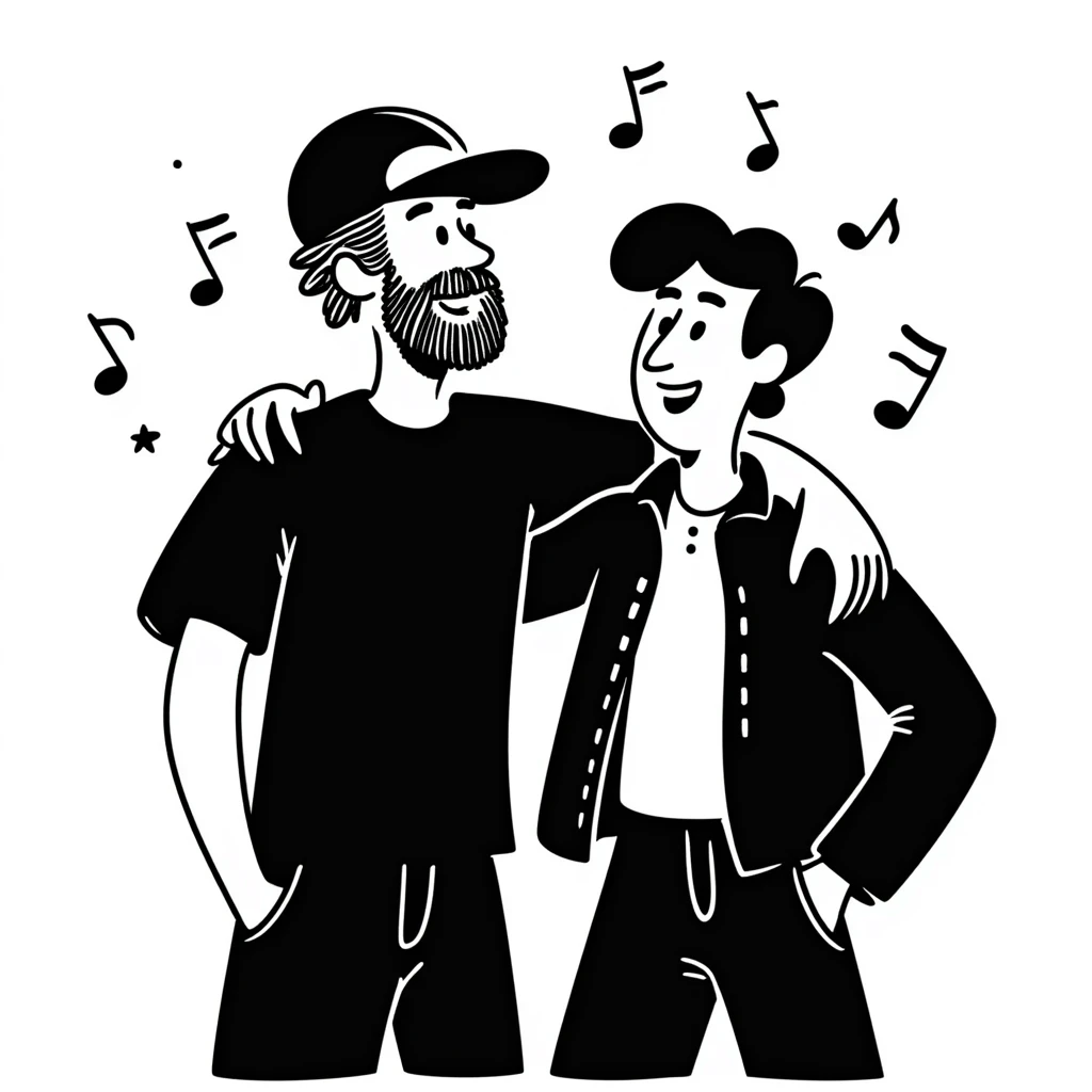 Two male musicians side by side with one arm over the other's shoulder: a 35-year-old with stylized beard, backwards cap, rocker style, and a younger 25-year-old musician, both smiling. Music notes and stars around them. Other band members celebrating in the background. emoji
