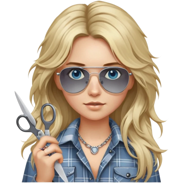 girl with long blond messy hair wearing grey plaid shirt with blue eyes and aviator sunglasses wearing a ring on her silver necklace, holding scissors emoji