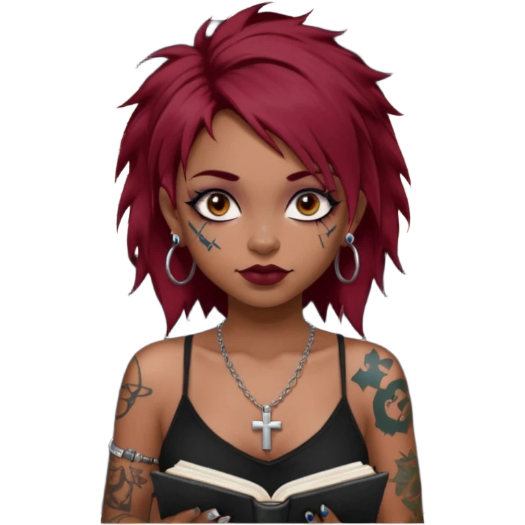 generate an ios genmoji of a girl with dark red messy hair with eyeliner on her eyes.  septum piercing, wearing a cami black top, has tattoos, on shoulders. ear piercings. wearing a cross silver necklace. Holding an overfilled sketchbook. dusky skin color. Holding redbull in the other hand emoji