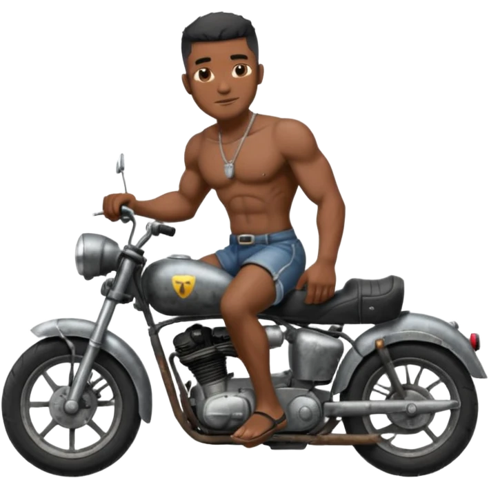 Black big men without shirt riding an old small motorcycle emoji