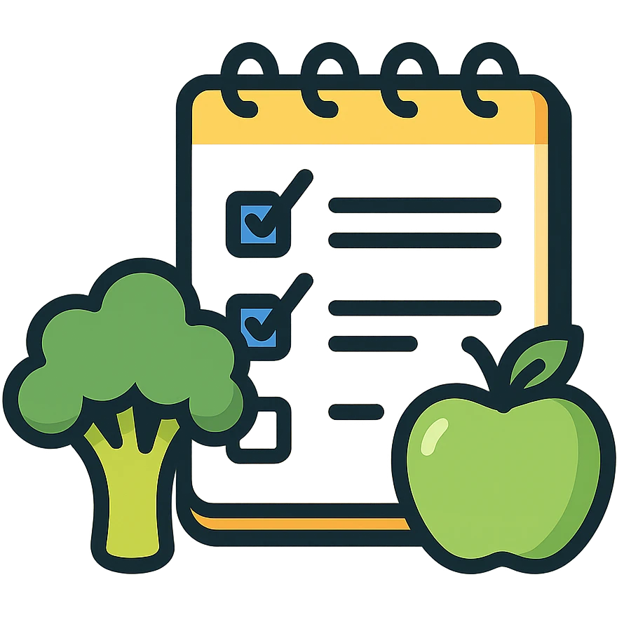 Vector-style illustration of a healthy diet checklist: an open notepad with checkmarks, placed beside fresh broccoli and a green apple. Clean, crisp lines, modern flat design with realistic soft shadows and highlights. High contrast, vibrant colors, minimalistic background. Professional, polished style, ideal for health or nutrition app or article illustration. emoji
