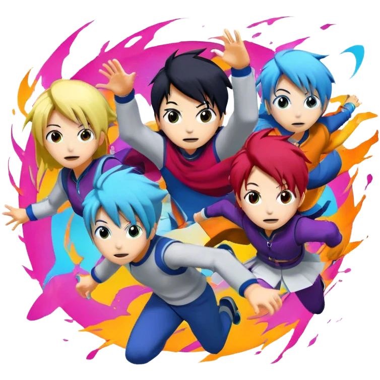 Icon for Anime: vibrant, dynamic scene with anime characters in action, featuring exaggerated expressions and colorful backgrounds. The design should reflect the distinct, energetic style of anime, with iconic eyes and unique visual elements. Transparent background. emoji