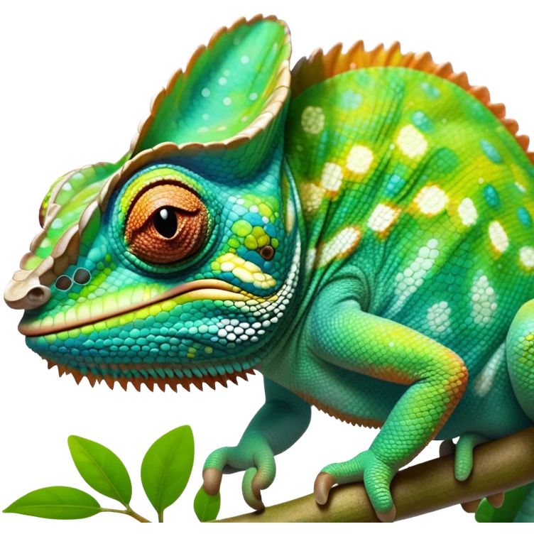 cinematic giant-smiling. chameleon-realistic emoji,-blending-with-vibrant-greenery.-detailed-scales-in-shifting-colors,-showing-the-chameleon’s-ability-to-camouflage.-soft-natural-light-highlights-its-texture.-light-background, zoomed into its face emoji