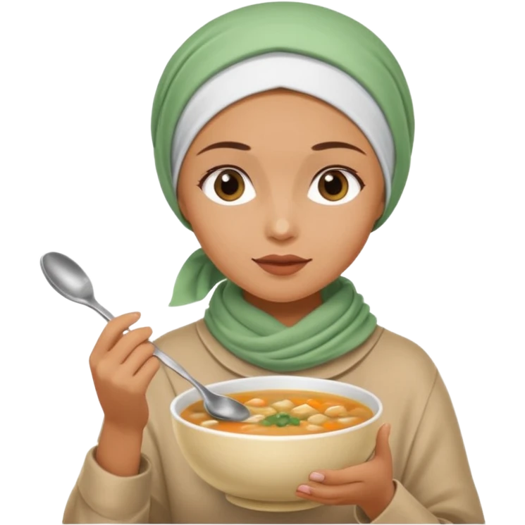 a woman wearing a headscarf is eating while holding a spoon emoji