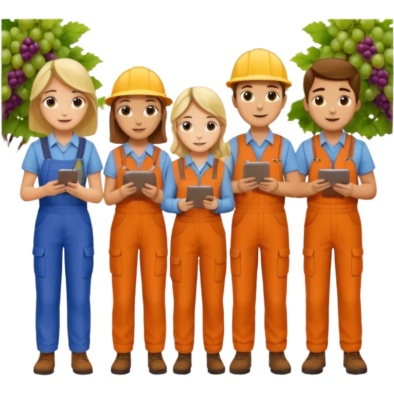 Make a photo of 5 project managers, specificly 3 girls and 2 boys, that are making project for improvment of the vineyard emoji