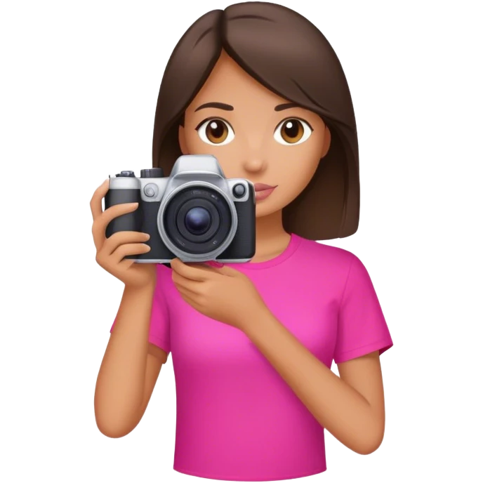 brunette girl with hot pink shirt holding camera emoji