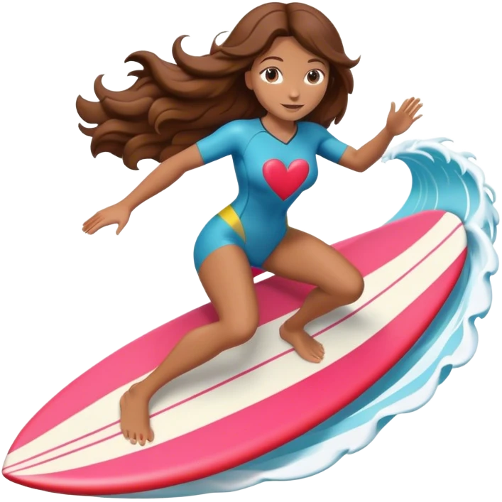 Woman with brown hair surfing wave in 3d heart emoji