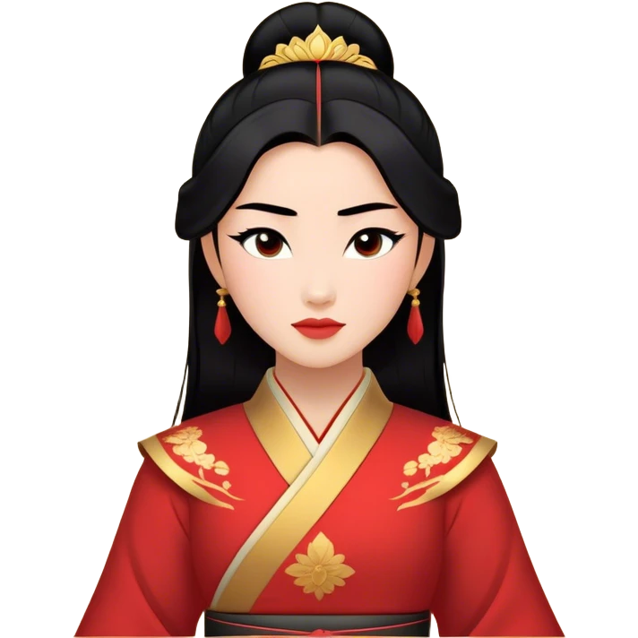 Cinematic Majestic Mulan Portrait Emoji, rendered in a clean, vector-style with bold, simplified shapes. Depict Mulan with a serene, noble expression, warm light skin, and neatly styled black hair, dressed in traditional attire featuring subtle red motifs and gold trim. The image glows with a calm, majestic aura, high shine, and a soft glowing outline, embodying classic elegance. emoji