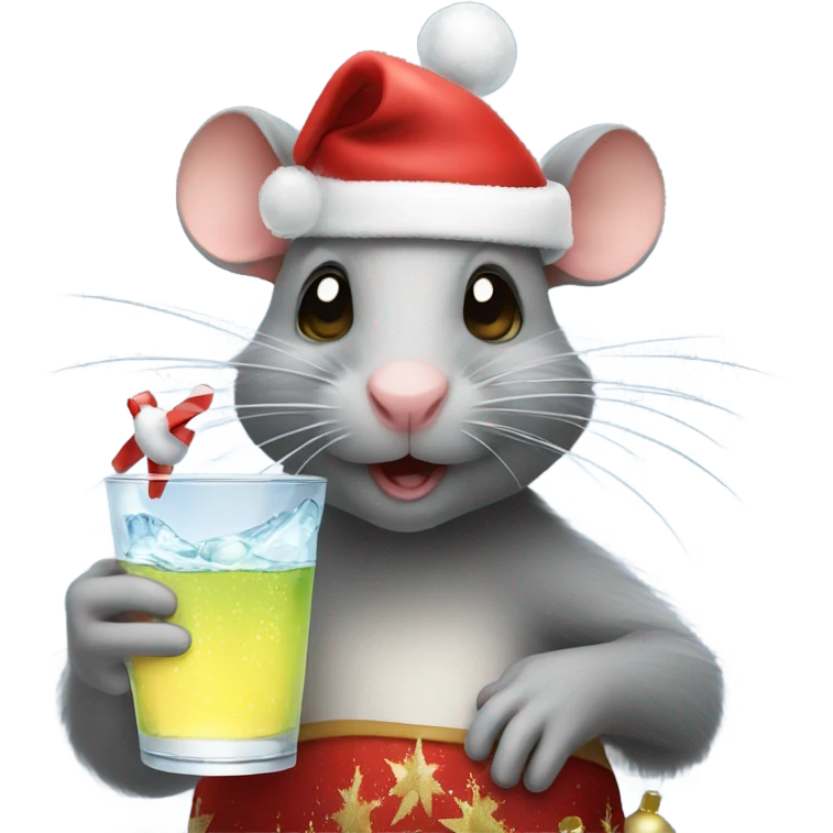 a rat with a glass of sparkling water. While wearing a Christmas hat emoji