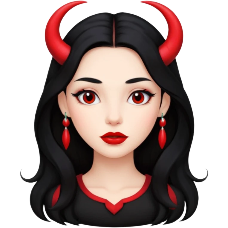A girl's face with cheekbones, red skin, long black hair, small red horns, big lips emoji