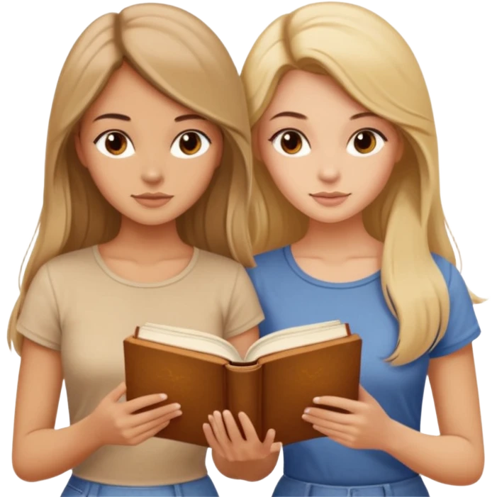 two beautiful girls in beige tops reading a beautiful vintage book. one is brown-haired, the other is blonde. both have long hair with emoji