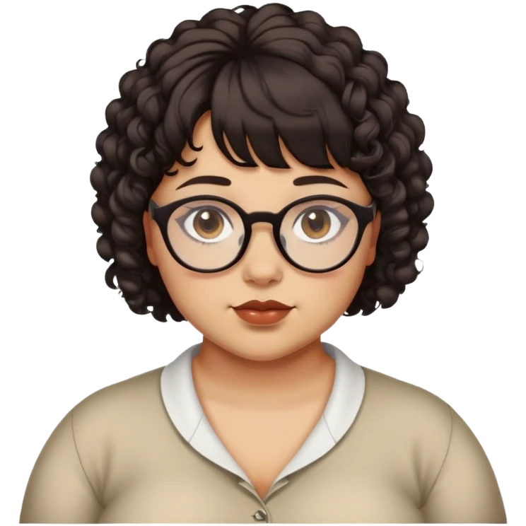 Light tan skin, woman/non-binary, slightly chubby, piercings, deep brown eyes, curly very dark brown neck length hair with bangs. Glasses. Alternative.   emoji