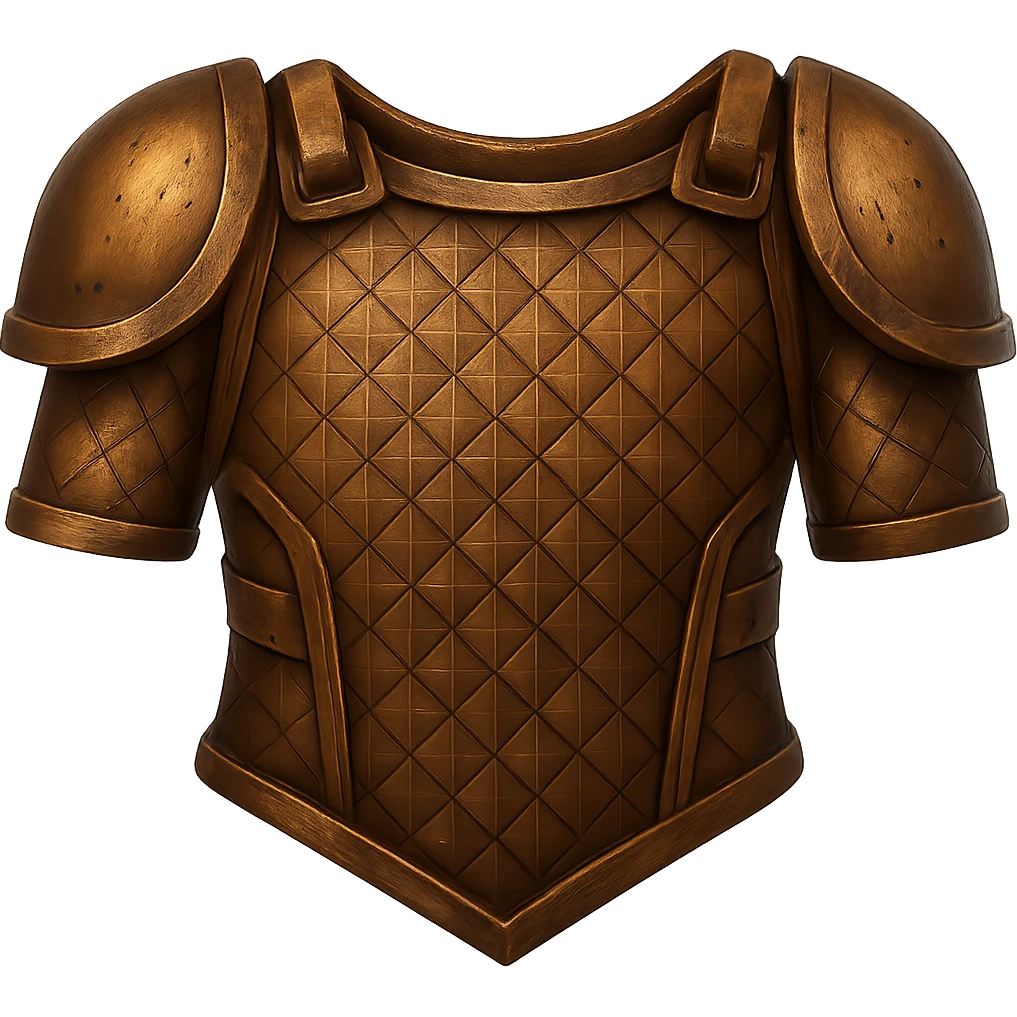 Make the bronze platebody look more realistic and metallic, similar to the bronze helmet. Add shine and a worn bronze texture. The style should resemble emoji style with a transparent background. emoji