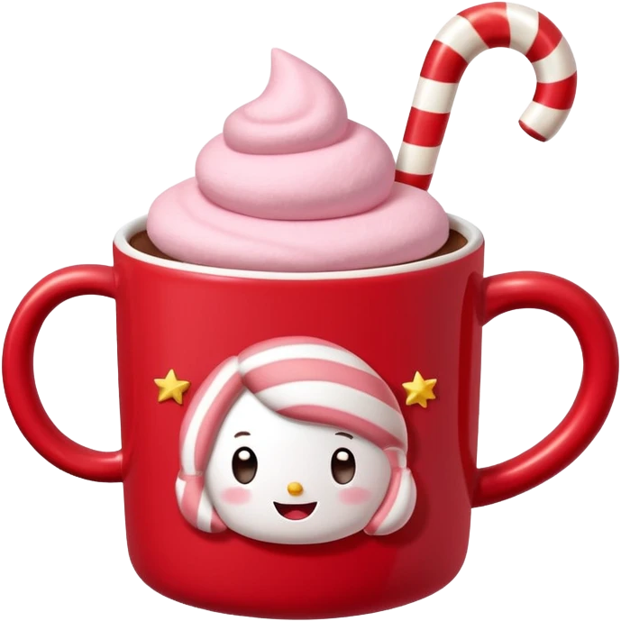 hot chocolate with pastel pink marshmallows in red christmas mug with stars and candy cane, trendy aesthetic emoji