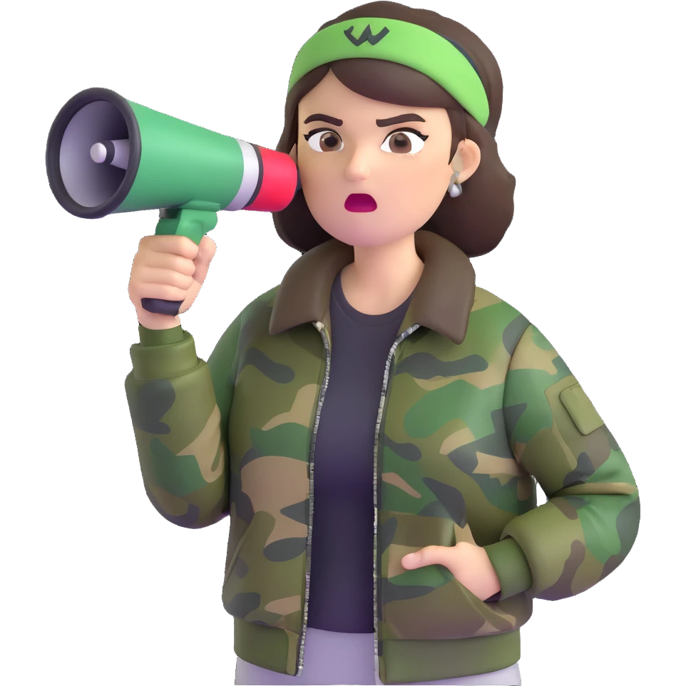 woman with green headband, camo jacket, holding a megaphone, angry expression emoji