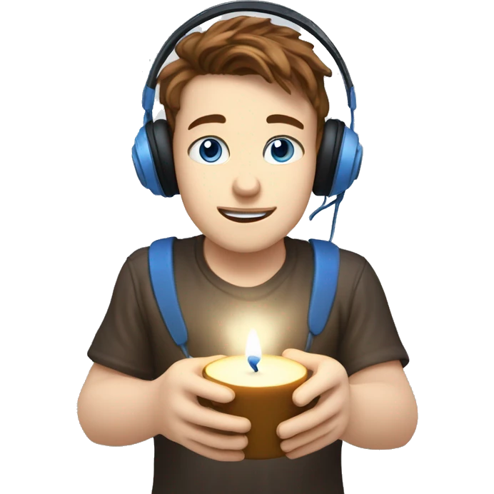 white boy with brown hair, blue eyes, with gamer headset, lightning a candle emoji