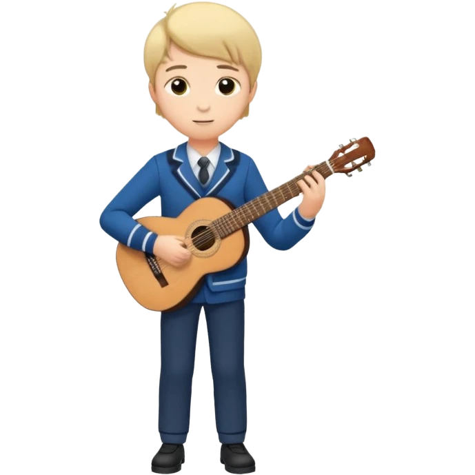 Teen boy – wearing school uniform, holding classical guitar, practicing chords. full body emoji
