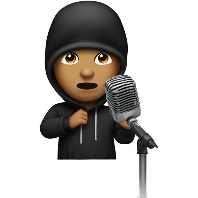 Mexican boy rapping into a microphone with a black ski mask emoji