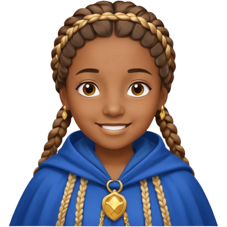brown skin girl with braided hair, wearing blue cloak, smile emoji