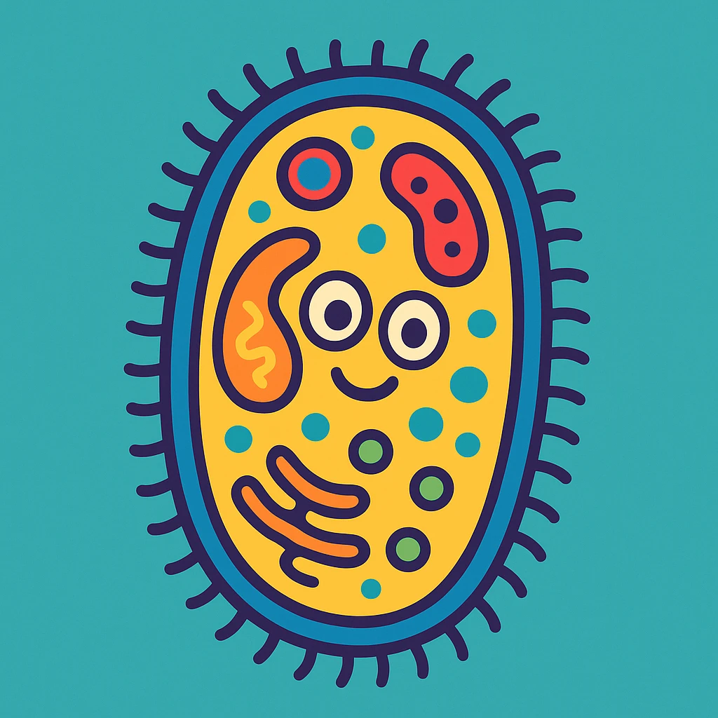 simplified cartoon style bacteria with cell organs, colorful and friendly emoji