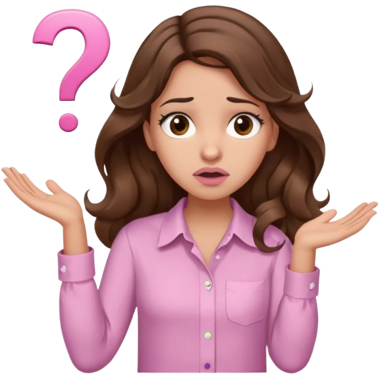 girl with wavy long brown hair, brown eyes, light to medium complexion, long lashes, light pink lipstick, wearing light pink shirt, shrugging with both hands, confused, question mark emoji