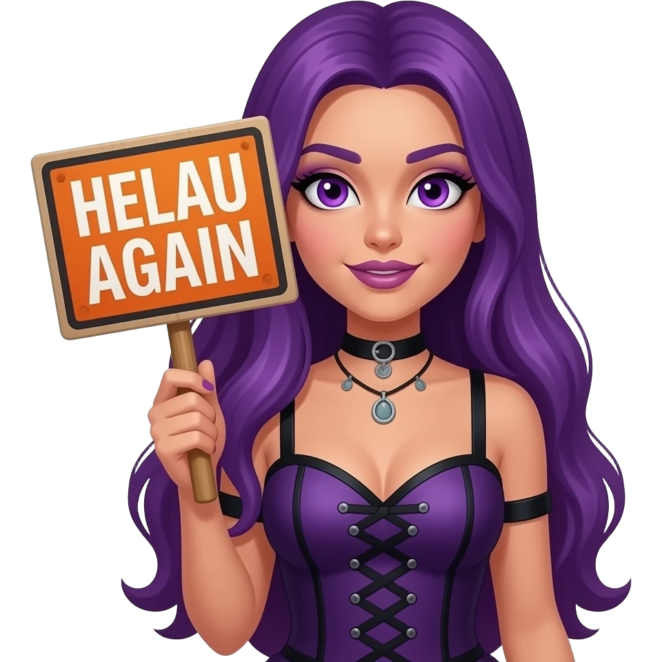 sexy girl with long purple hair and purple eyes wearing a halloween dress holding a HELAU AGAIN sign emoji