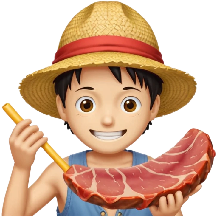 An emoji of luffy in a straw hat in one piece eating meat and laughing.  emoji