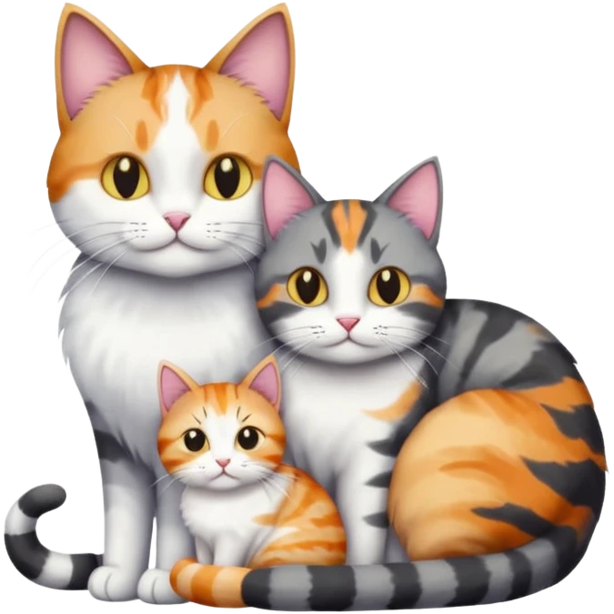 two cats in love, a colourful light patched calico + white tabby cat cuddling a bigger cat that is dark grey and white tabby cat emoji
