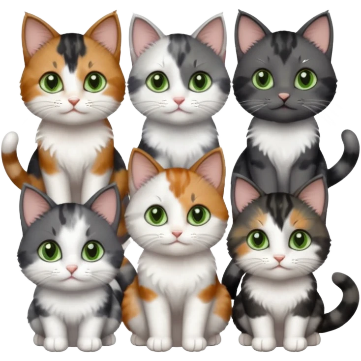 6 different coloured small cats including a dark grey and white, and a patchy calico, and a brown tabby and white,  and a completely solid dark grey with green eyes and only white paws emoji