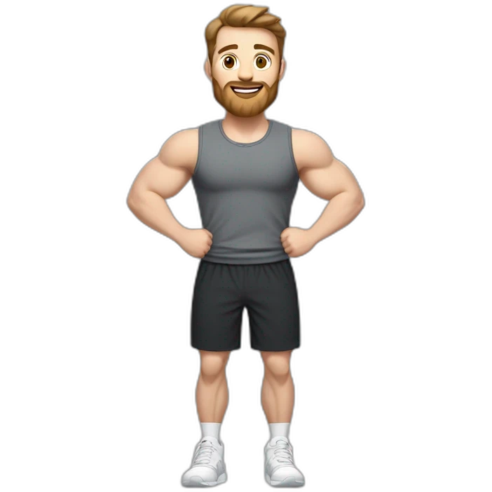 Full height Actively gesturing with hands Pale skinned Fit Man With the biceps and brown hair in dark gray Sleeveless Mike, black oversize sports shorts, watch and white Sneakers emoji