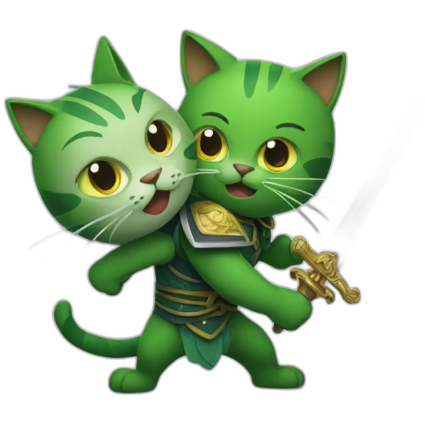 two green cat fighting with sword emoji