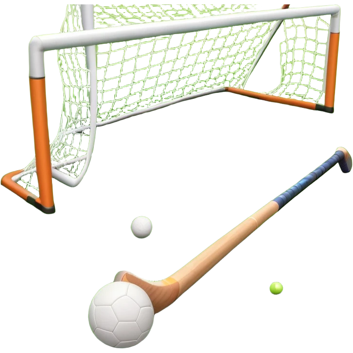 A field hockey stick and ball resting on a well-maintained green grass field, with the goalposts and markings visible in the background. The scene highlights the precision and focus of the sport, with the vibrant green pitch creating a dynamic atmosphere. emoji